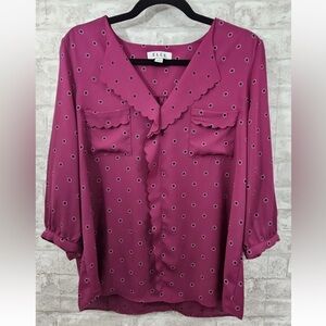 Elle XXL 2XL Daisy Dot Fuchsia berry Blouse navy flower Dots semi sheer ruffle